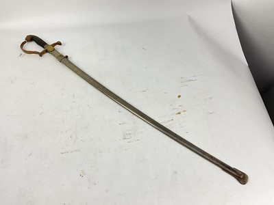 Lot 825 - 1920s Dutch Officer's sword with brass stirrup hilt and lions head pommel, plain plated curved blade marked ' Yzerhouwer' in nickel plated scabbard