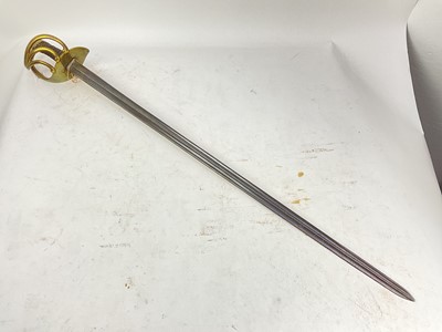 Lot 828 - 19th century French Heavy Cavalry trooper's sword with brass four bar hilt, straight twin fullered blade, the blade 96 cm