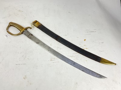 Lot 830 - 19th century French infantry sidearm with brass hilt, curved blade in brass mounted leather scabbard