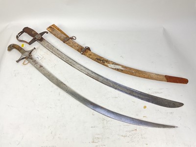 Lot 834 - 19th century Indo-Persian shamshir sabre with horn and wire bound grip, curved blade with associated scabbard and 1796 Pattern-type cavalry troopers sword (3)