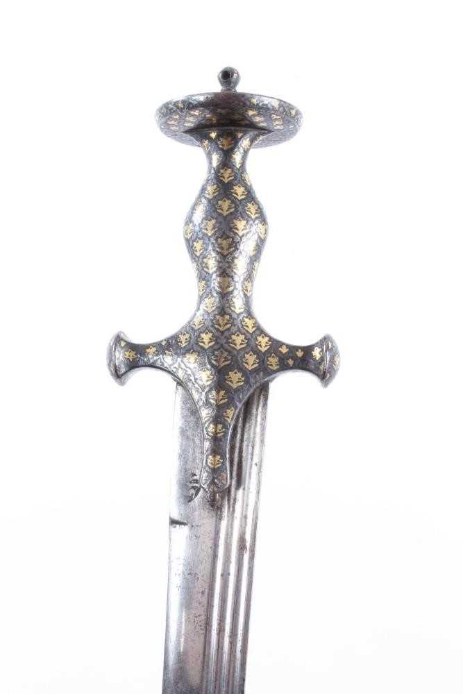 Lot 836 - Good quality 19th century Indian Tulwar sword with gold and silver damascened steel hilt with disc pommel with curved multi fullered blade with armoures mark 89cm overall