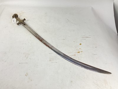 Lot 836 - Good quality 19th century Indian Tulwar sword with gold and silver damascened steel hilt with disc pommel with curved multi fullered blade with armoures mark 89cm overall