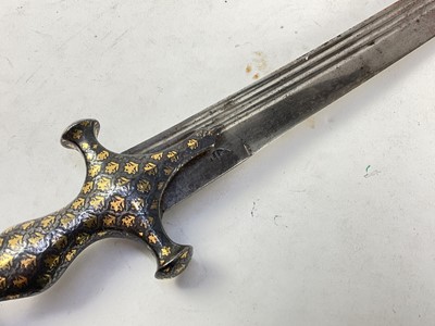 Lot 836 - Good quality 19th century Indian Tulwar sword with gold and silver damascened steel hilt with disc pommel with curved multi fullered blade with armoures mark 89cm overall