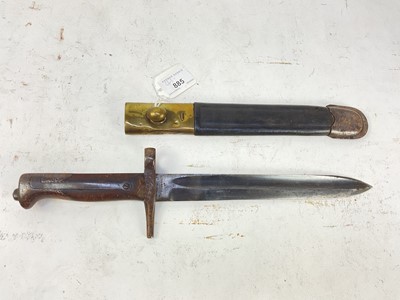 Lot 885 - Italian M1870 Vetterli bayonet, stamped CI 4155 to crossguard, with shortened blade and removed quillion, in brass and steel mounted leather scabbard.