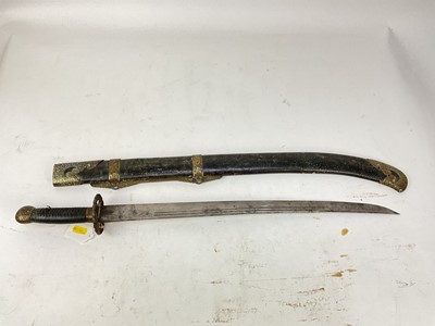 Lot 839 - Late 19th century Chinese military sword with brass mounts with scroll work arabesques, leather bound grip, slightly curved fullered blade in brass mounted shagreen covered scabbard, 80cm overall