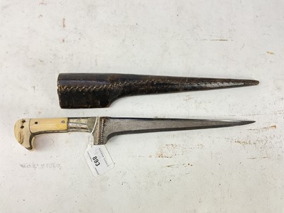 Lot 893 - Early 20th century Indian Choora dagger with tapered etched steel blade and two piece ivory grip, in leather covered scabbard, blade 22.5cm in length.