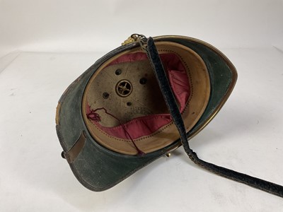 Lot 793 - Late Victorian/Edwardian Essex Regiment other ranks blue cloth helmet, the helmet plate missing, with brass spike and chin chains, with original silk and leather lining, Hawkes & Co makers stamp...