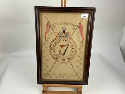 Lot 790 - Victorian watercolour of the regimental badge of the Fifth Royal Irish in glazed frame, image 42cm x 27cm, together with a lithographic print of a Bengal Lancer, 65 x 51.5cm and another military pr...