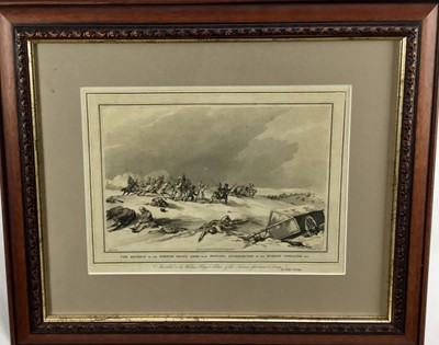 Lot 236 - Antique military engraving in glazed frame - 'The Retreat of The French Grand Army from Moscow, Intercepted by the Russian Cossacks'