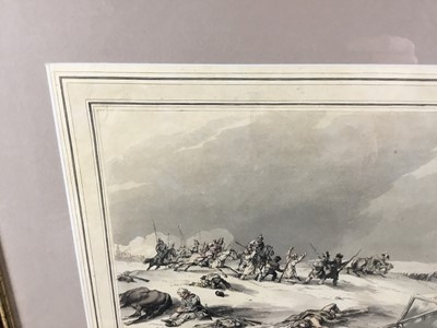 Lot 146 - Antique military engraving in glazed frame - 'The Retreat of The French Grand Army from Moscow, Intercepted by the Russian Cossacks'