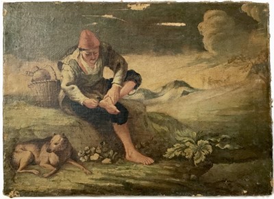 Lot 91 - Italian school oil on canvas - man with his dog, 38cm x 53cm, unframed