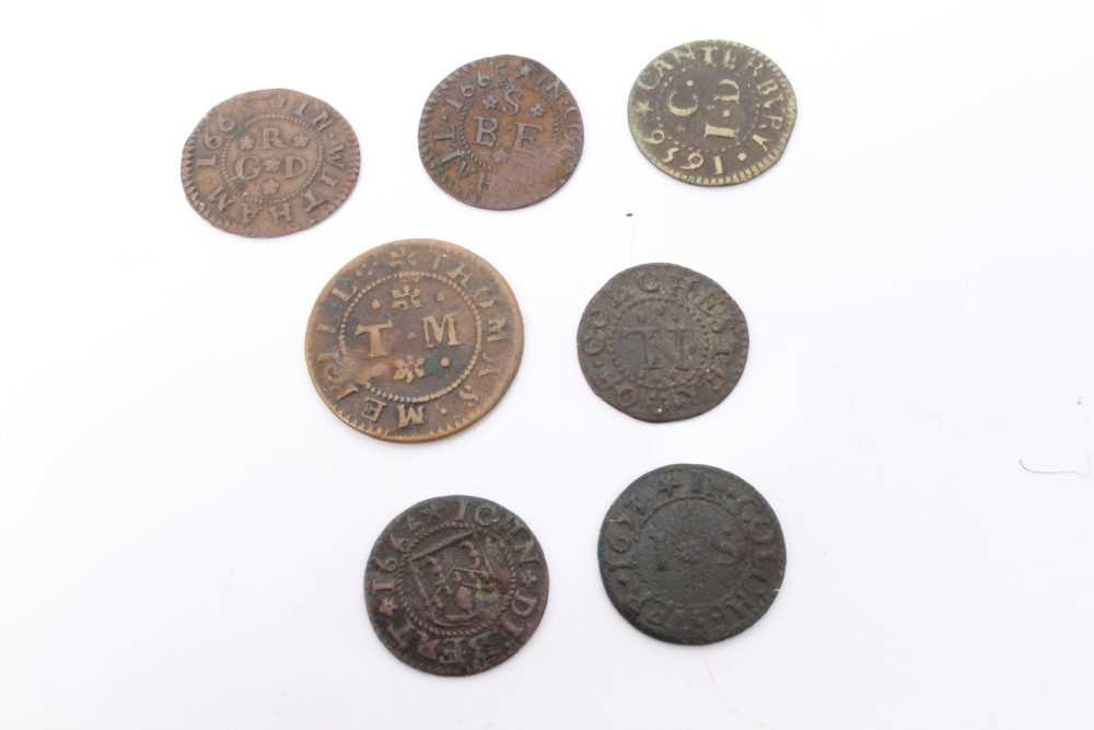 Lot 35 - G.B. - Mixed 17th century tokens to include Essex Bocking Thomas Merill Half Penny 1667 AVF, Colchester Nathaniel Lawrence Farthing AVF, John Debert Farthing 1666 GF, John Sewell Farthing 1653 GF,...