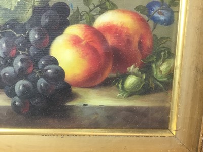 Lot 96 - Follower of Edward Ladel oil on canvas laid on board - still life with peaches, 19cm x 24cm, framed