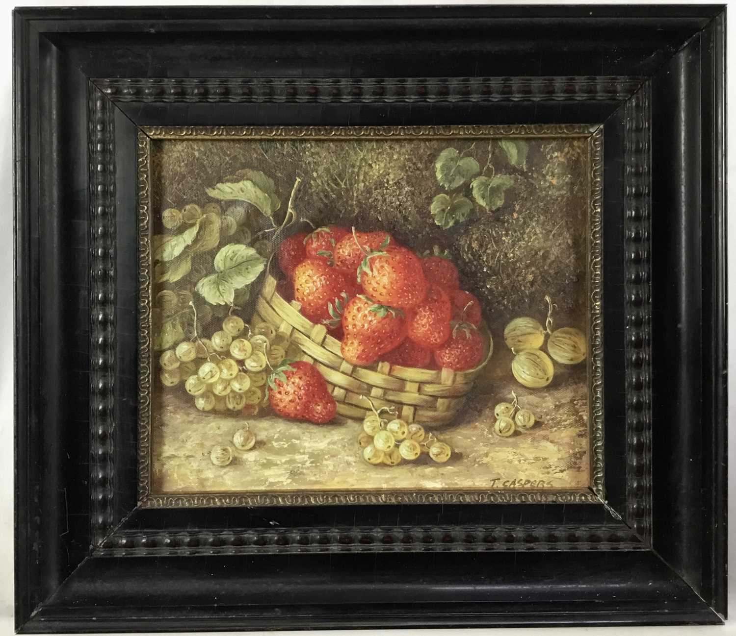 Lot 95 - Tom Caspers (20th century) oil on canvas laid on board - still life with strawberries, signed, 19.5cm x 24cm, in ebony frame
