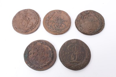 Lot 51 - Russia - Mixed copper 5 Kopek coins to include 1763 CM Scarce Fair, 1764 CM Scarce (N.B. Cleaning blemishes on reverse) otherwise GVF, 1776 EM GF/VG, 1789 AM VF/GF and 1792 AM GVF-AEF (5 coins)