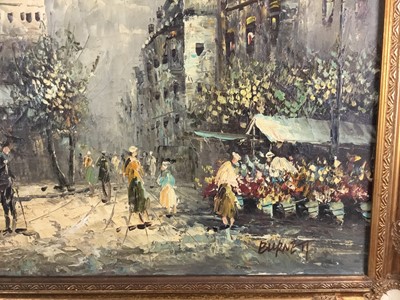 Lot 102 - Burnett oil on canvas - Parisian street scene, 50cm x 60cm, signed, framed
