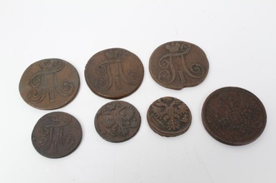 Lot 52 - Russia - Mixed copper coins to include Paul I, 2 Kopeks 1798EM x 2 VG & GF, 1799EM AF, 1 Kopek 1800EM AF, Empress Anne One Denga's 1731 AF, 1739 AF and Alexander II 5 Kopeks 1858EM F rare (N.B. Fir...