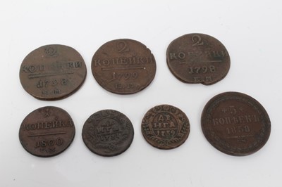 Lot 52 - Russia - Mixed copper coins to include Paul I, 2 Kopeks 1798EM x 2 VG & GF, 1799EM AF, 1 Kopek 1800EM AF, Empress Anne One Denga's 1731 AF, 1739 AF and Alexander II 5 Kopeks 1858EM F rare (N.B. Fir...