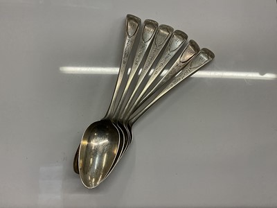 Lot 854 - Set of six George III silver old English pattern desert spoons.