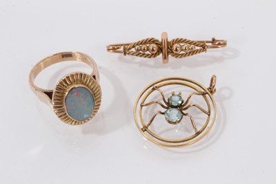 Lot 556 - Edwardian novelty gold and gem-set spider pendant, opal ring and a gold bar brooch