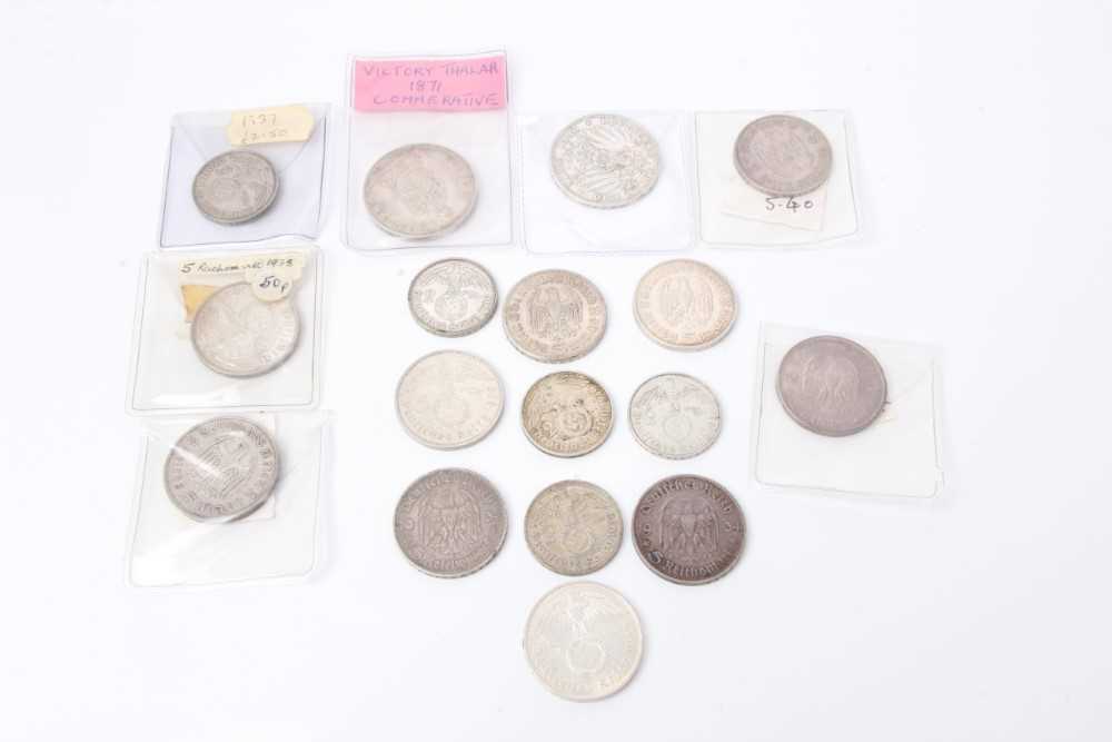 Lot 59 - Germany - Mixed silver coins to include Prussia William I Victory Thaler commemorative 1871A GVF, Wuerttemberg William II Three Marks 1910F GVF and later German Hindenberg 582 Mark issues in mixed...