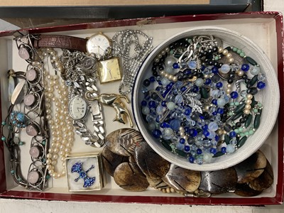 Lot 835 - Cultured pearl necklace, silver and rose quartz bracelet, various watches and costume jewellery