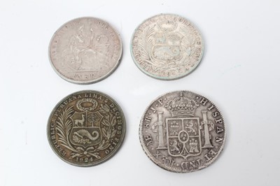 Lot 66 - Peru - Mixed silver coins to include Carolus IIII 'Pillar' Dollar 1805JP (Limae Mint) (N.B. Obv: Struck slightly off centre) otherwise GVF-AEF, and Sol 1894 AEF, 1872 GVF & 1924 VF (4 coins)