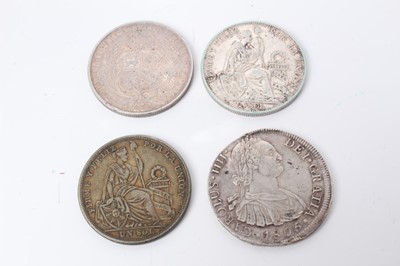 Lot 66 - Peru - Mixed silver coins to include Carolus IIII 'Pillar' Dollar 1805JP (Limae Mint) (N.B. Obv: Struck slightly off centre) otherwise GVF-AEF, and Sol 1894 AEF, 1872 GVF & 1924 VF (4 coins)