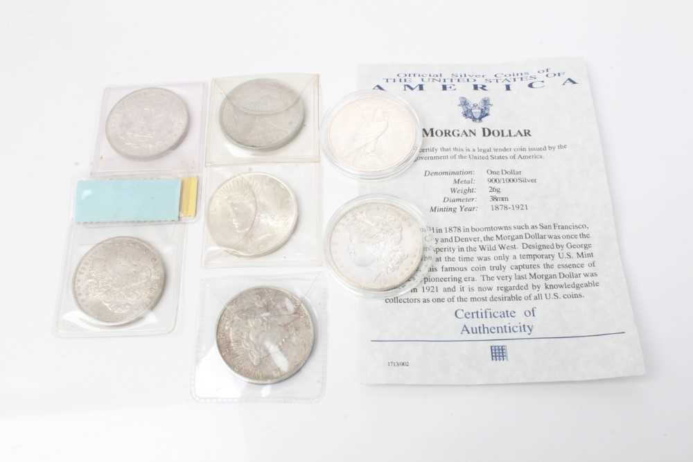 Lot 70 - United States - Mixed silver Dollar coins to include 'Morgans' 1883o AU, 1885o x 2 GEF-AU, 1921 EF, 'Liberty' 1922 UNC, 1922S AEF & 1923 UNC (7 coins)