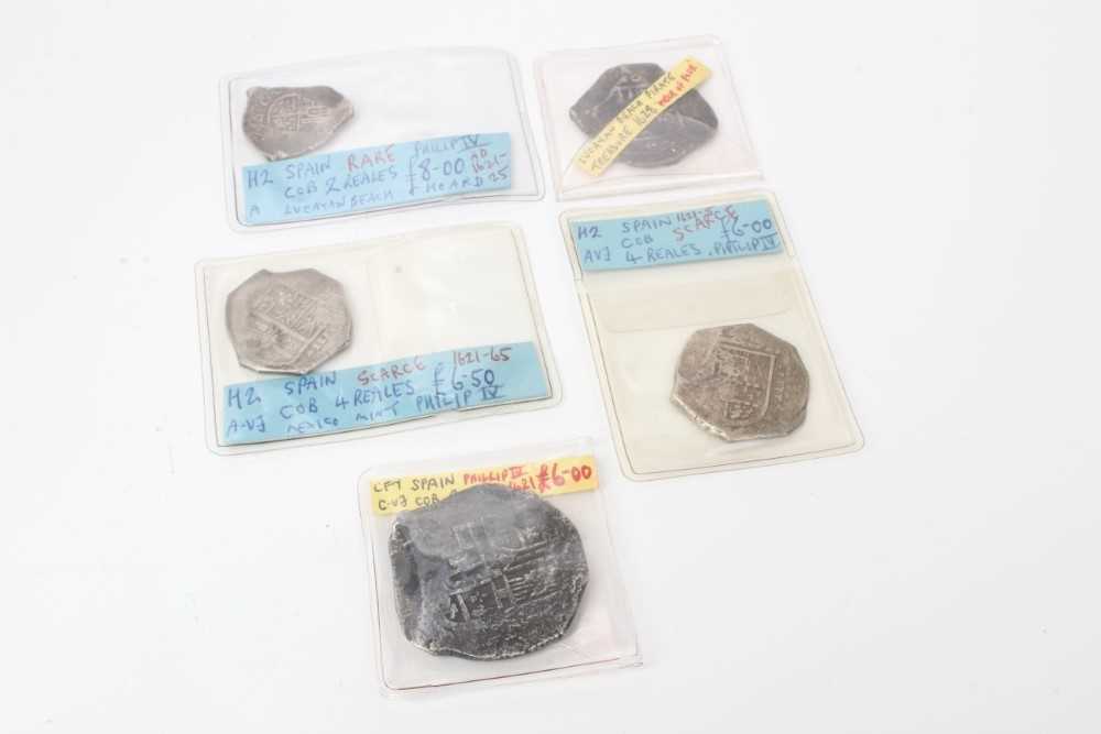 Lot 72 - Spain - Silver 17th century 'Cob' coinage found Lucayan Beach, Bahamas to include circa 1621-25 Philip IV 8 Reales, 4 Reales x 3 & 2 Reales (5 coins)