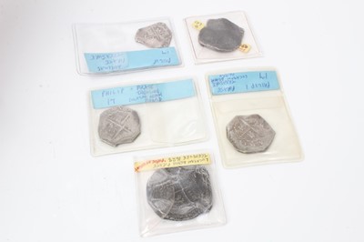 Lot 72 - Spain - Silver 17th century 'Cob' coinage found Lucayan Beach, Bahamas to include circa 1621-25 Philip IV 8 Reales, 4 Reales x 3 & 2 Reales (5 coins)