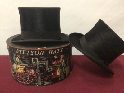 Lot 2076 - Black top hat by Thos.Townsend & Co, London in illustrated Stetson hat box,  two other black top hats and a leather top hat box. Also a black bowler hat by Woodrow Piccadilly.