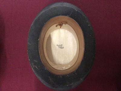Lot 2076 - Black top hat by Thos.Townsend & Co, London in illustrated Stetson hat box,  two other black top hats and a leather top hat box. Also a black bowler hat by Woodrow Piccadilly.
