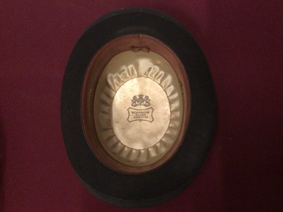 Lot 2076 - Black top hat by Thos.Townsend & Co, London in illustrated Stetson hat box,  two other black top hats and a leather top hat box. Also a black bowler hat by Woodrow Piccadilly.
