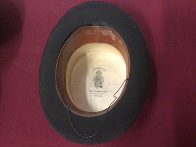 Lot 2076 - Black top hat by Thos.Townsend & Co, London in illustrated Stetson hat box,  two other black top hats and a leather top hat box. Also a black bowler hat by Woodrow Piccadilly.