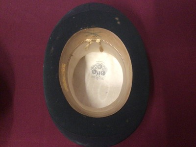 Lot 2076 - Black top hat by Thos.Townsend & Co, London in illustrated Stetson hat box,  two other black top hats and a leather top hat box. Also a black bowler hat by Woodrow Piccadilly.