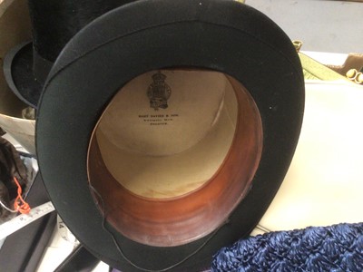 Lot 2076 - Black top hat by Thos.Townsend & Co, London in illustrated Stetson hat box,  two other black top hats and a leather top hat box. Also a black bowler hat by Woodrow Piccadilly.