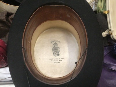 Lot 2076 - Black top hat by Thos.Townsend & Co, London in illustrated Stetson hat box,  two other black top hats and a leather top hat box. Also a black bowler hat by Woodrow Piccadilly.