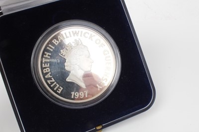 Lot 83 - Guernsey - Silver proof 5oz coin commemorating Elizabeth II Golden Wedding Anniversary 1997 (N.B. Cased but without Certificate of Authenticity) (1 coin)