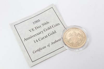 Lot 84 - Turks & Caicos Islands - Gold proof 14ct gold (wt. 7.77gms) commemorating VE Day Anniversary 1995 (N.B. Uncased but with Certificate of Authenticity) (1 coin)