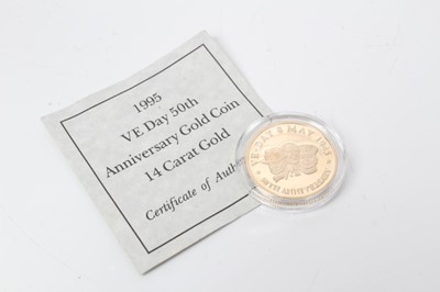 Lot 84 - Turks & Caicos Islands - Gold proof 14ct gold (wt. 7.77gms) commemorating VE Day Anniversary 1995 (N.B. Uncased but with Certificate of Authenticity) (1 coin)