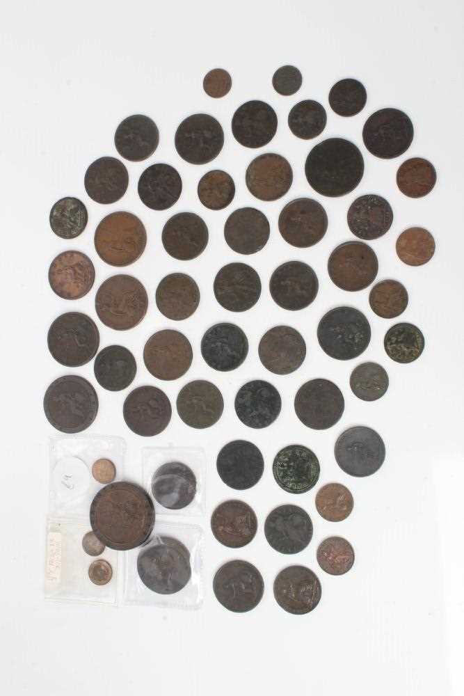 Lot 85 - G.B. - Mixed copper and bronze coins to include examples from The Reigns of Charles II, William III, George I, George II, George III & Victoria (N.B. Mixed denominations & grades) (56 coins)