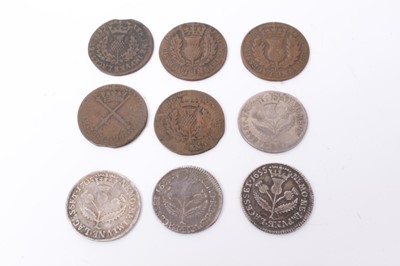 Lot 104 - Scotland - Mixed coinage to include silver Five Shillings William III 1695 VG/AF, 1697 VG, 1702 G/VG (scarce) Anne 1705 G, Copper Bodle 1695 x 3 VG-AF, 1696 AF & 1697 AF (9 coins)