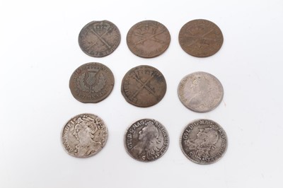 Lot 104 - Scotland - Mixed coinage to include silver Five Shillings William III 1695 VG/AF, 1697 VG, 1702 G/VG (scarce) Anne 1705 G, Copper Bodle 1695 x 3 VG-AF, 1696 AF & 1697 AF (9 coins)