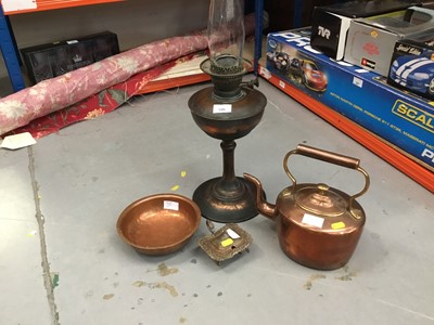 Lot 596 - Brass oil lamp, copper kettle and copper bowl (3)