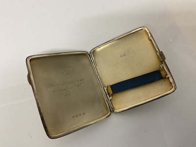 Lot 24 - Local interest- George V silver cigarette case of rectangular form with engine turned decoration and gilded interior, with engraved presentation inscription 'From the personnel of the Braintree F.A...