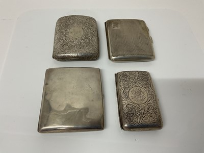 Lot 25 - Victorian silver cigarette case of rectangular form with engraved decoration, (Birmingham 1886), maker William Harrison Walter, 8.8cm in overall length, together with three another similar silver c...