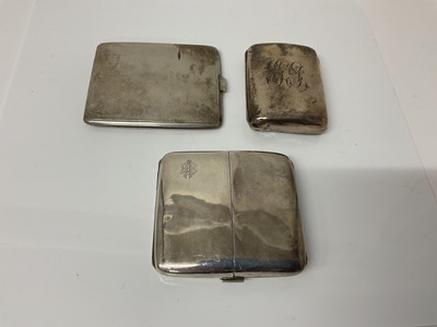 Lot 26 - Victorian silver cigarette case of rectangular form with engraved initials, (Birmingham 1876), maker George Unite, 8cm in overall length, together with two another similar silver cigarette cases (B...