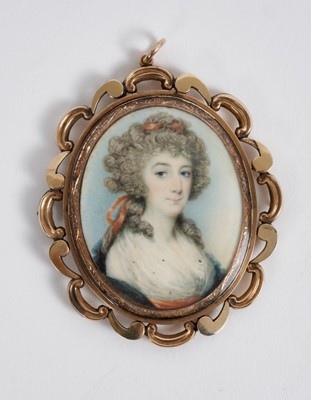 Lot 693 - Manner of Richard Cosway R.A. (1742-1821) watercolour portrait miniature on ivory, depicting a lady with red ribbon and white silk blouse, apparently unsigned, oval, 5 x 3.8cm, in glazed pierced gi...