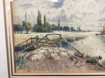 Lot 139 - John Henry Mole (1814-1886) watercolour - sheep at a bridge, signed, 11 x 14.5cm, mounted in glazed gilt frame